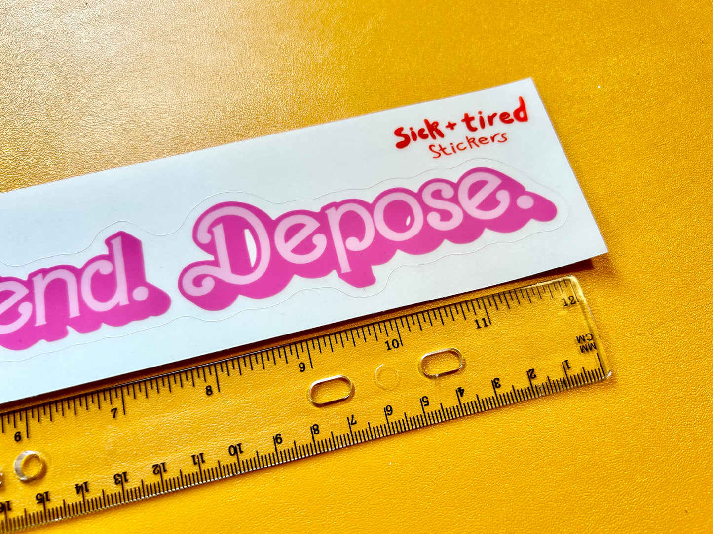 “Deny. Defend. Depose.” Sticker (clear background)